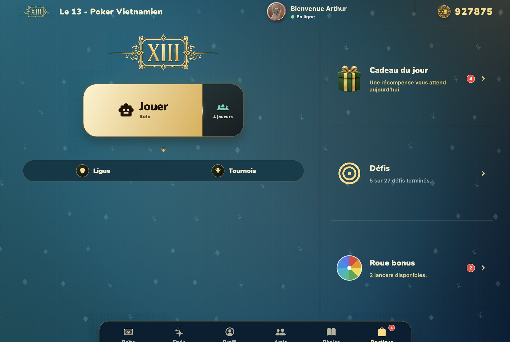 Accueil du 13 sur iPad : le XIII enluminé et le bouton Jouer à gauche, cadeau du jour, défis et roue bonus à droite