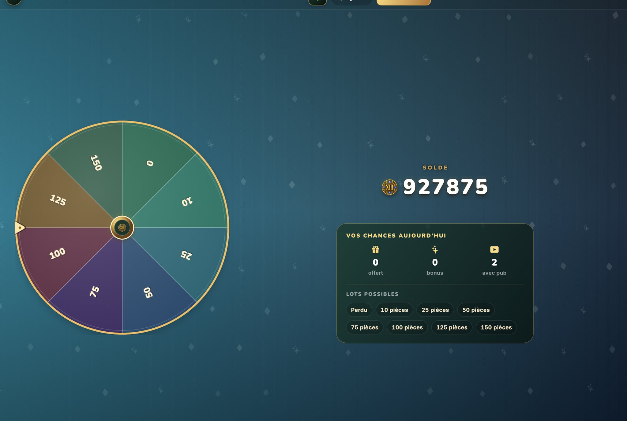 Roue bonus du 13 sur iPad avec les lancers disponibles et le solde de pièces