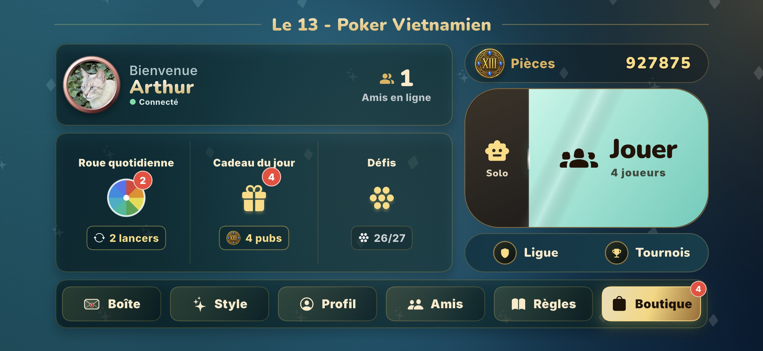 Accueil du 13 sur iPhone : bandeau du joueur, roue quotidienne, cadeau du jour, défis et bouton Jouer