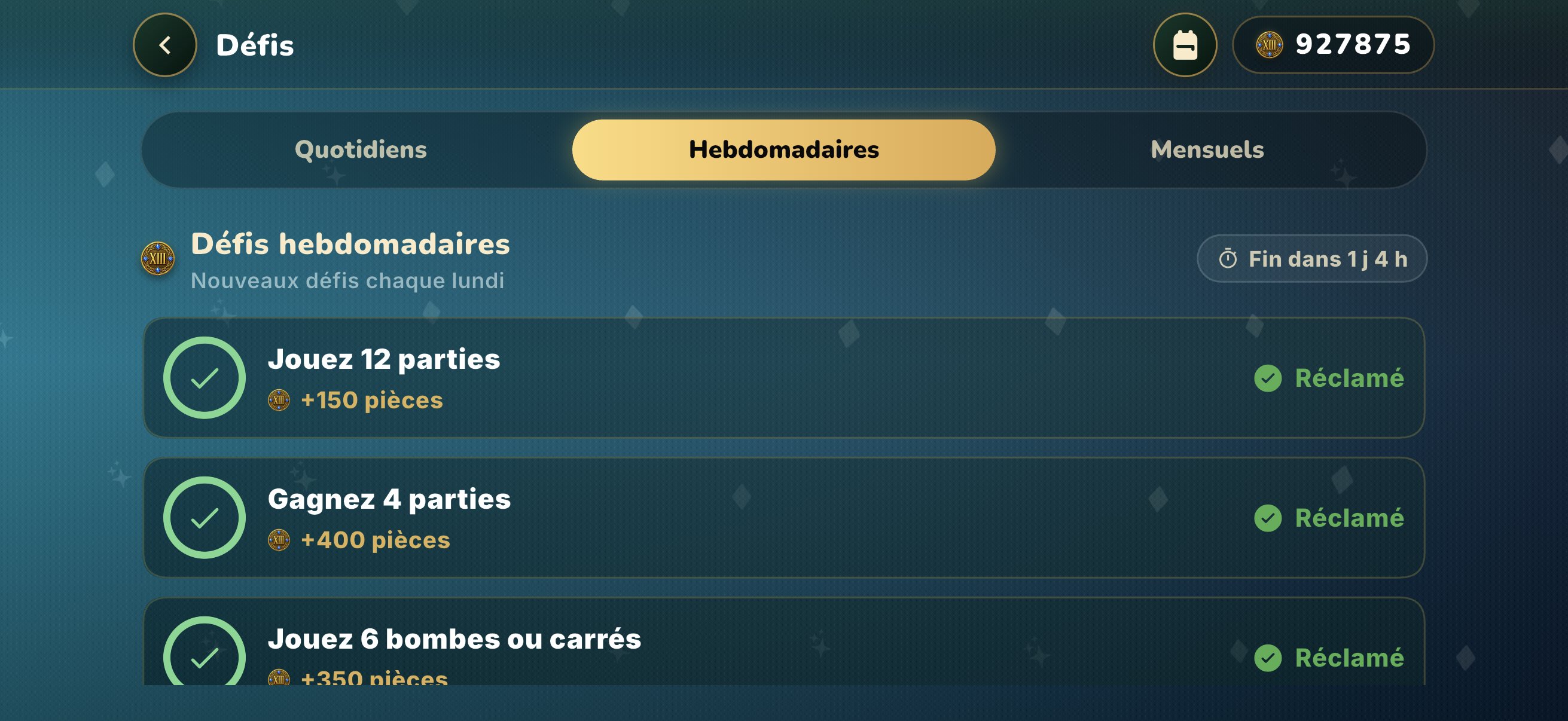 Défis hebdomadaires du 13 sur iPhone avec leur progression et leur récompense en pièces
